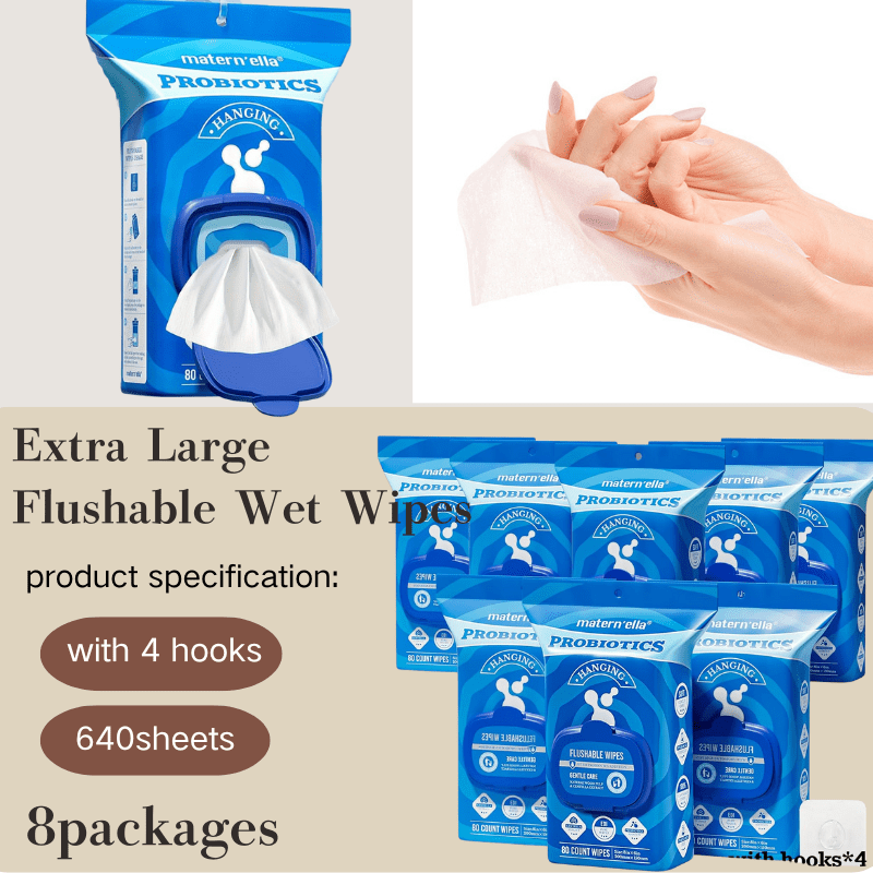 MATERN'ELLA 8Packs 640Counts Flushable Wet Wipes Plant Based Fibers with Probiotics Fragrance Free Sewer Safe Butt Wipe. Soft And Thick, Disposable & Rinse-Free Wet Wipes, Suitable for Incontinence And Personal Care.Halloween&Christmas Gifts!