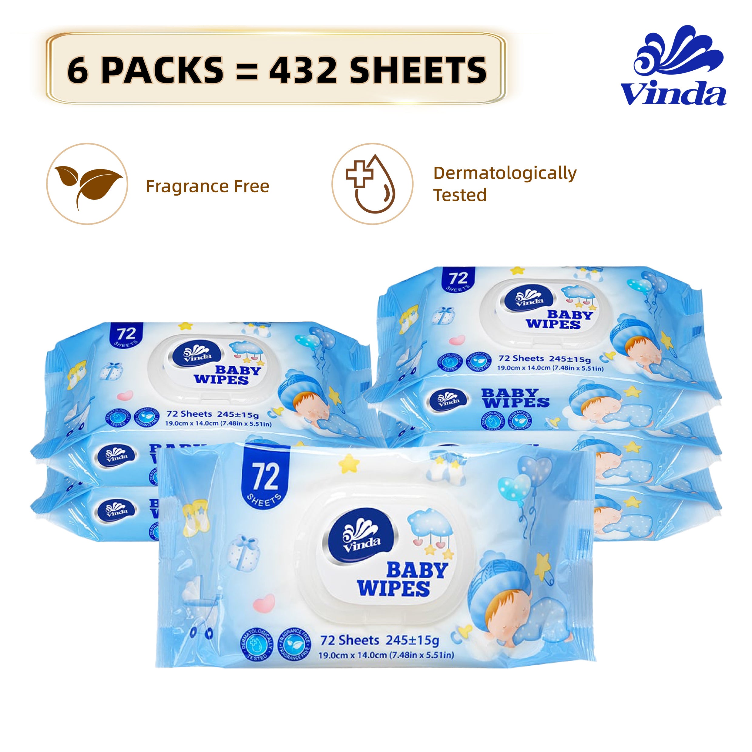 Vinda Fragrance Free Newborn Infant Baby Wipes 432 Count Soft Gentle Wet Wipes（6 PACKS), Non-Woven Diaper & Face Cleaning Wipes Travel Pack