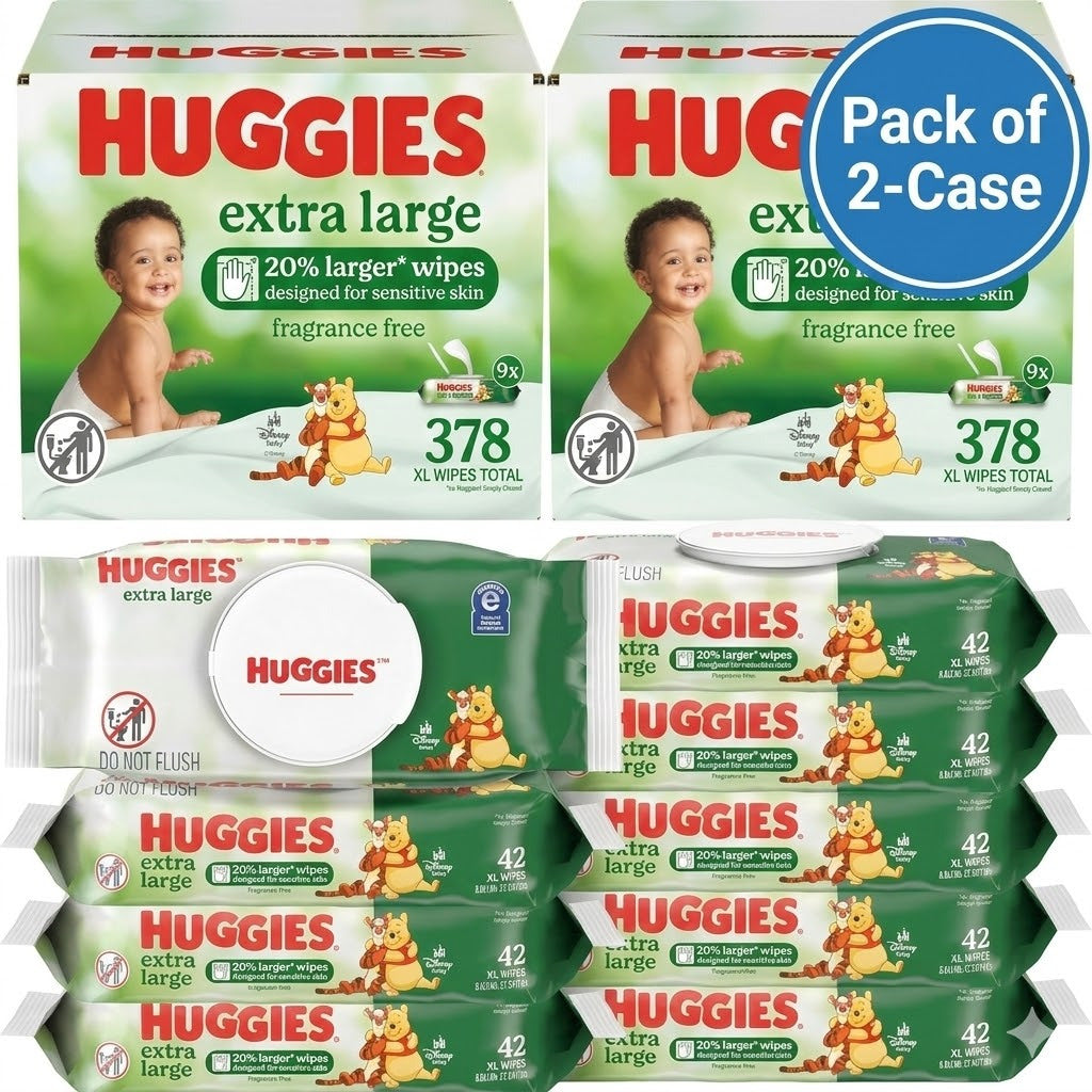 (Pack of 2-case) Extra Large Baby Wipes, Unscented, 9 Flip-Top Packs, Each contains 378 XL Wipes Total, Packaging May Vary